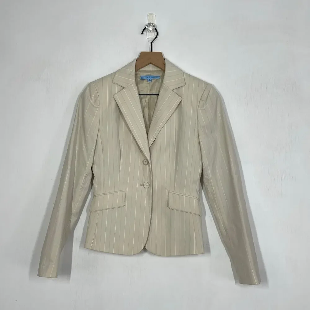 Antonio Melani Blazer Women's Size 0 Beige Striped Two-Button Work Career Casual